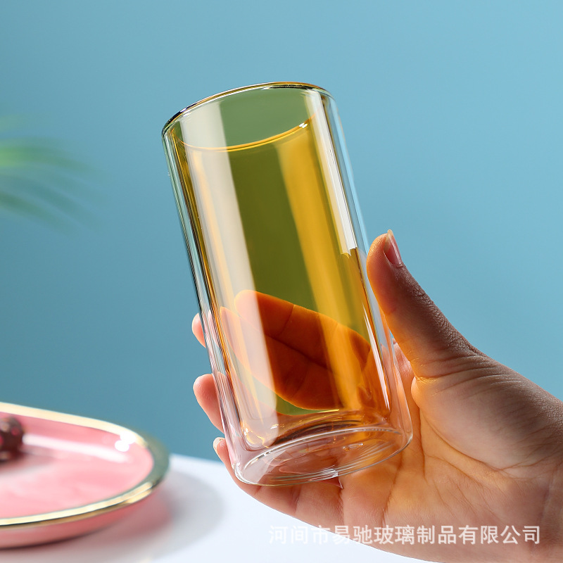 Doble capa de Vidrio colorido transparente taza de agua de publicidad de regalo taza de café lindo hogar ins taza de desayuno