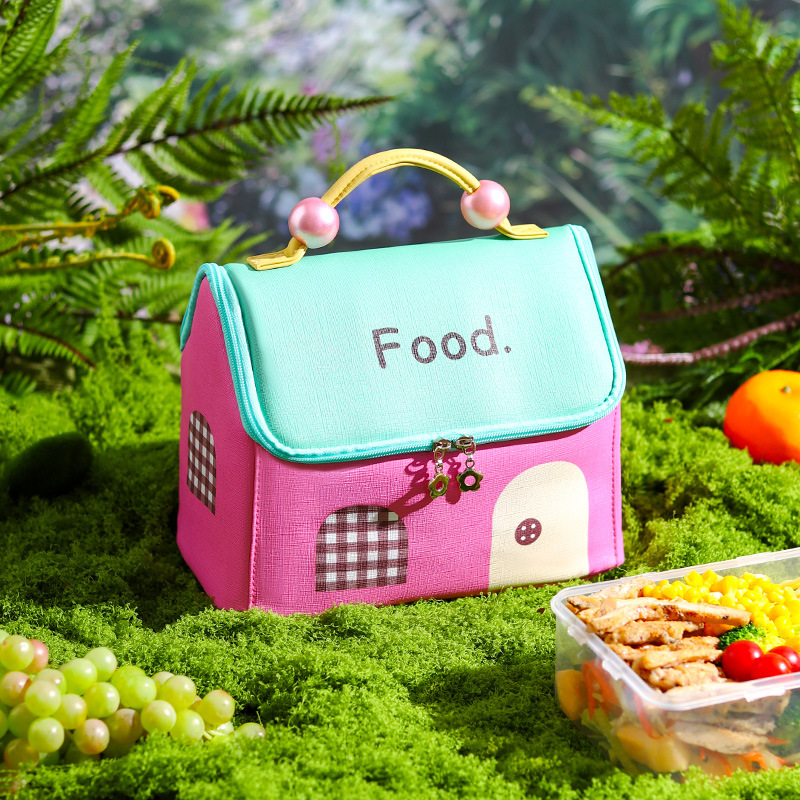 Bolsa de lonchera de alto valor, estilo caliente, linda casa pequeña, bolsa bento, bolsa de almuerzo con aislamiento, bolsa de almacenamiento portátil para el trabajo y la escuela