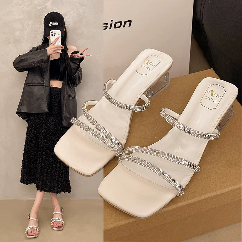 Французские босоножки с камнями 2025, новые летние открытые босоножки на толстом каблуке, элегантные, простые и универсальные босоножки для юбки