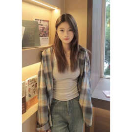 初秋美式慵懒风格子衬衫外套女秋冬季衬衣小个子长袖上衣