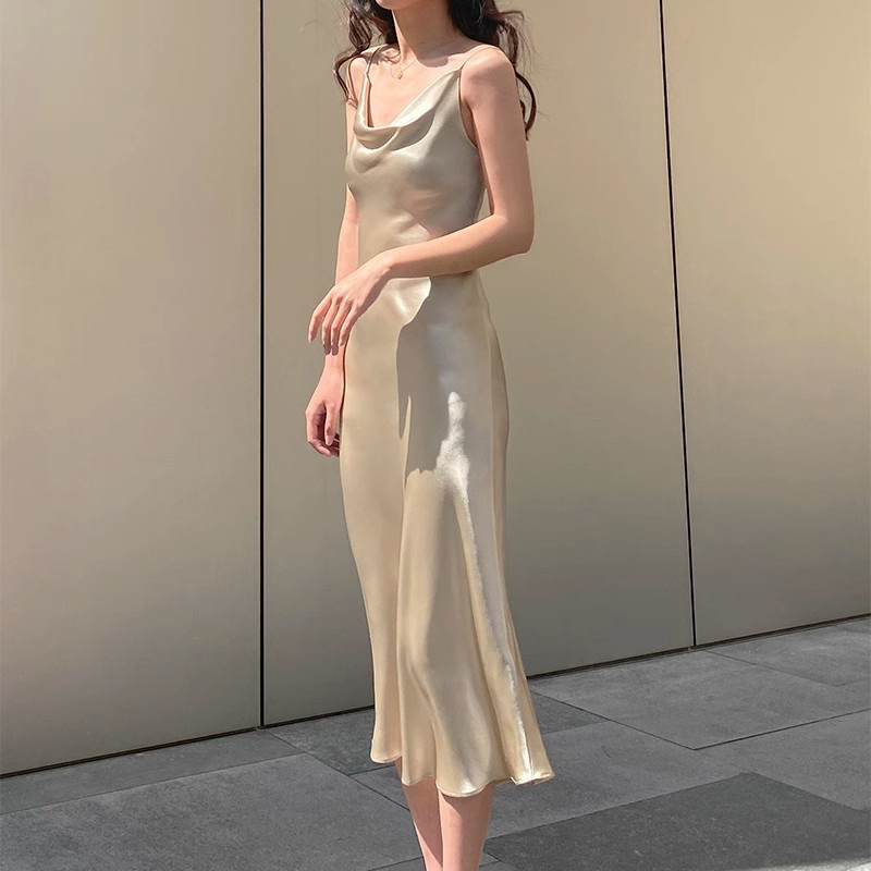 French Acetic Acid Silk Satin Swing Collar Sling dress Summer Dape Tight Waist Hip Dress Celebrity Fishtail Long Dress