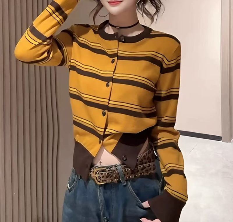 时尚设计感撞色拼接洋气条纹针织开衫女秋季新款气质百搭软糯上衣|undefined