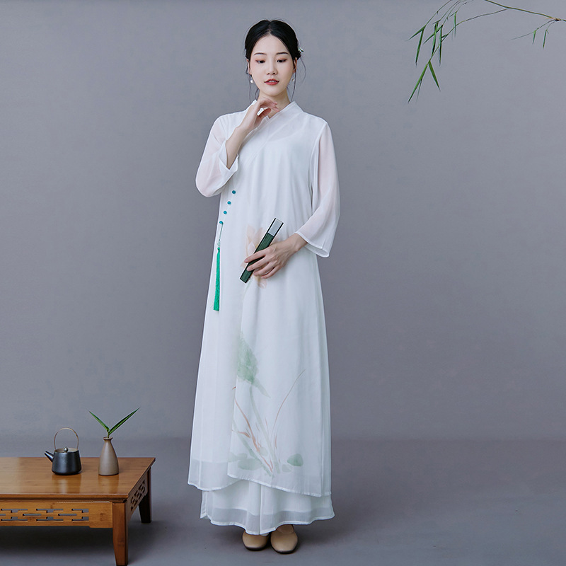 中国風改良レースアップ斜め襟禅茶服文学レトロ長袖シフォンドレスワイドレッグパンツスーツ|undefined