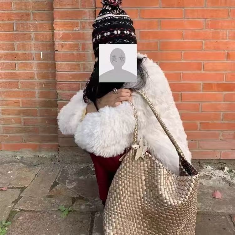 枪枪同款香槟色编织纹托特包包女大容量大包感手提单肩水桶包|undefined