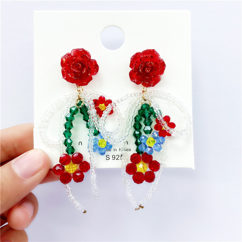 Fashion Red Flower Beaded New Crystal Bow Earrings Female display picture 1