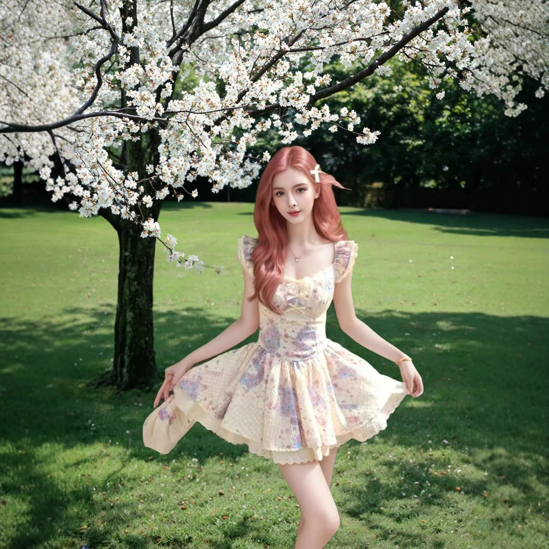 Кросс-бордерное платье 2025 года, новый сладкий стиль, маленькие летучие рукава, цветочный принт, пышная талия, шикарная короткая юбка, эксклюзивная модель для внешней торговли