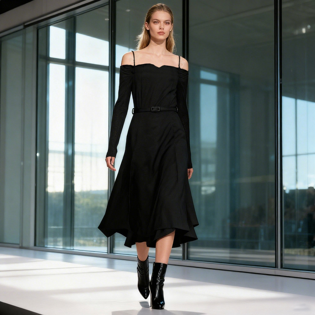 French-Style Elegant Ball Gown 2026 Spring New Square-Neck Tie Waist Long-Sleeve Slit Large Hem Dress for Women