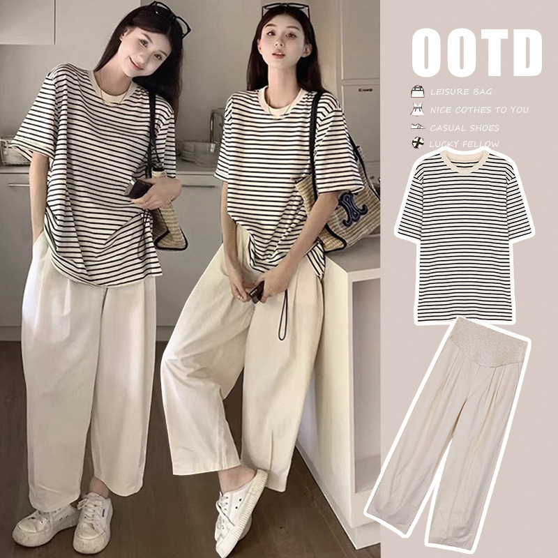 2025 New Maternity Summer Suit Loose Stripesd Top T-Shirt Short-Sleeved Summer Two-Piece Set