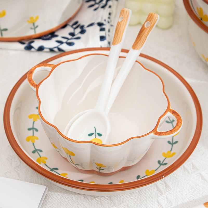 Small Fresh and High-Looking Ins Fengshan Chrysanthemum Creative Gift Home Wholesale Ceramic Tableware Dish Plate Ceramic Bowl