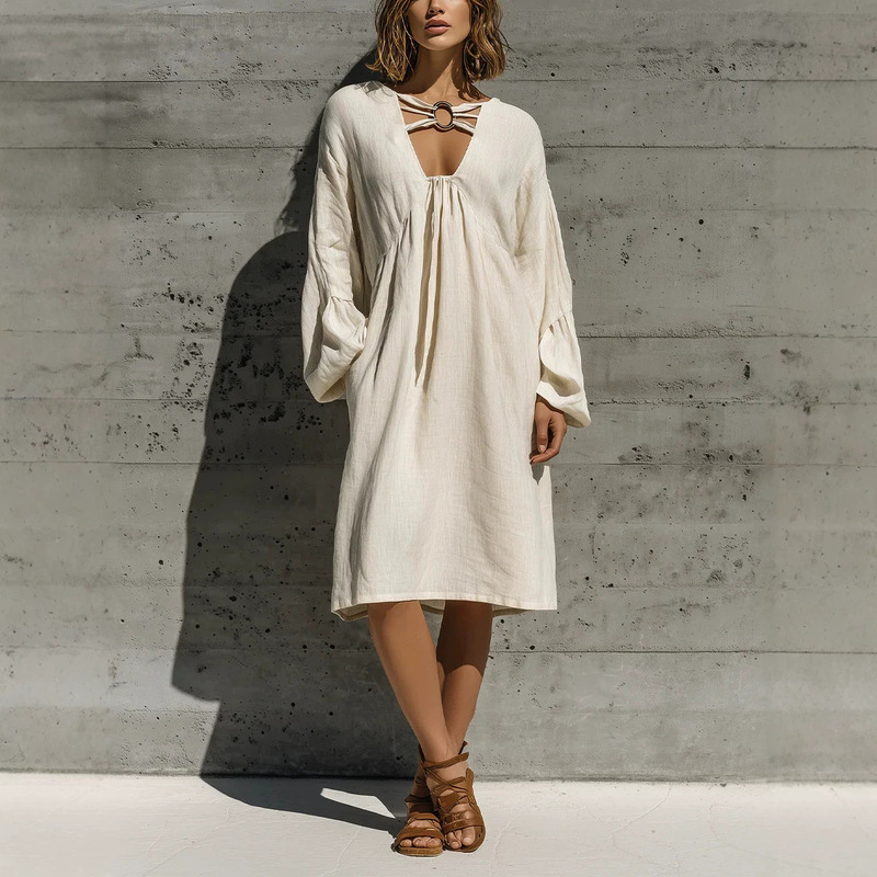 2026 European and American New Style Cross-Border Hollow-Out Ring V-Neck Cross-Strap Solid Color Loose-Fitting Women's Long-Sleeve Dress