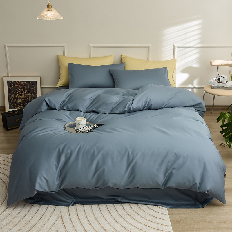 Nordic French Minimalist Retro Nordic Style 100-count Long-staple Four-piece Pure Cotton Three-piece Set, Simple Solid Color Bed Set With Duvet Cov_voghion.com