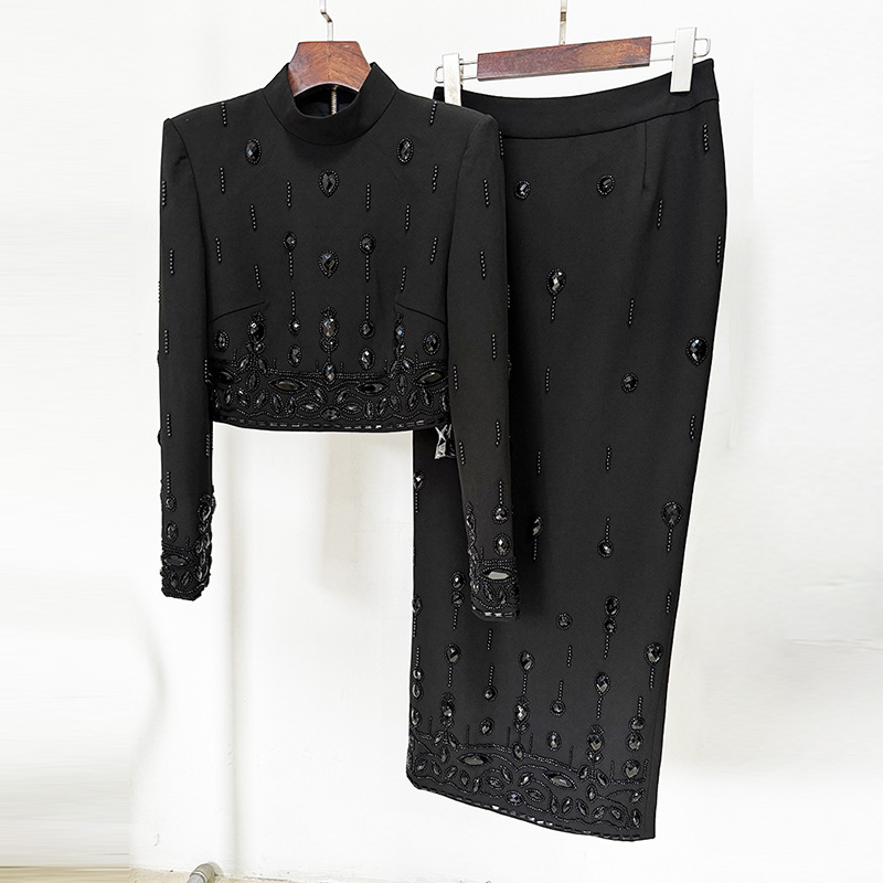 Women's Clothing celebrity fashion new heavy beaded diamond short top long skirt suit two piece suit_voghion.com
