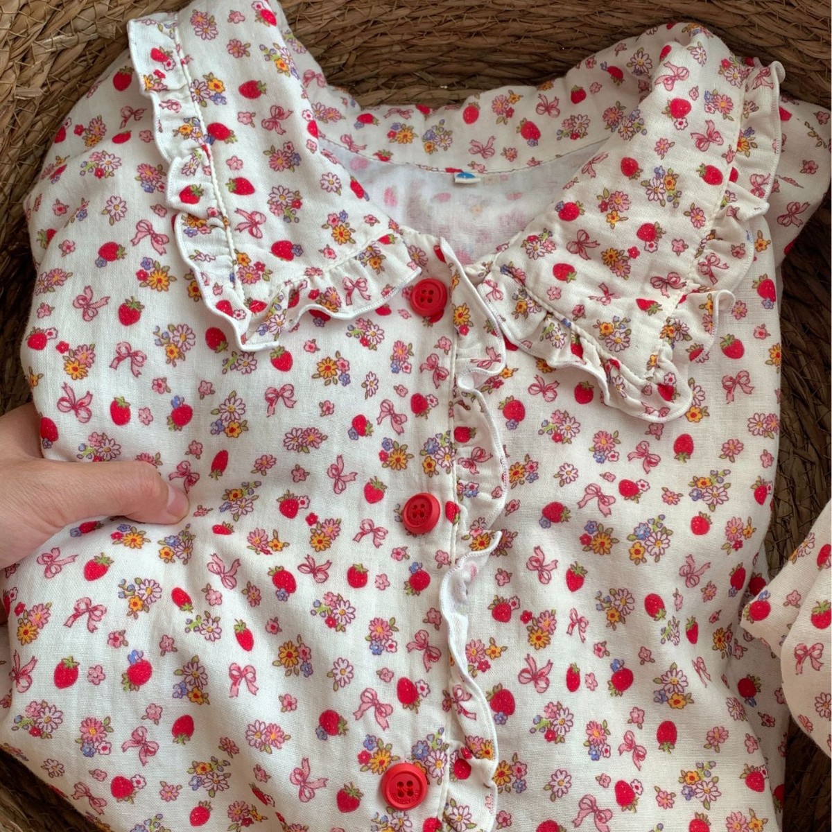 New! Floral Strawberry Class A Cotton Double-Layer Yarn Ruffled Doll Collar Long Sleeve Trousers Pajamas Cute Girl