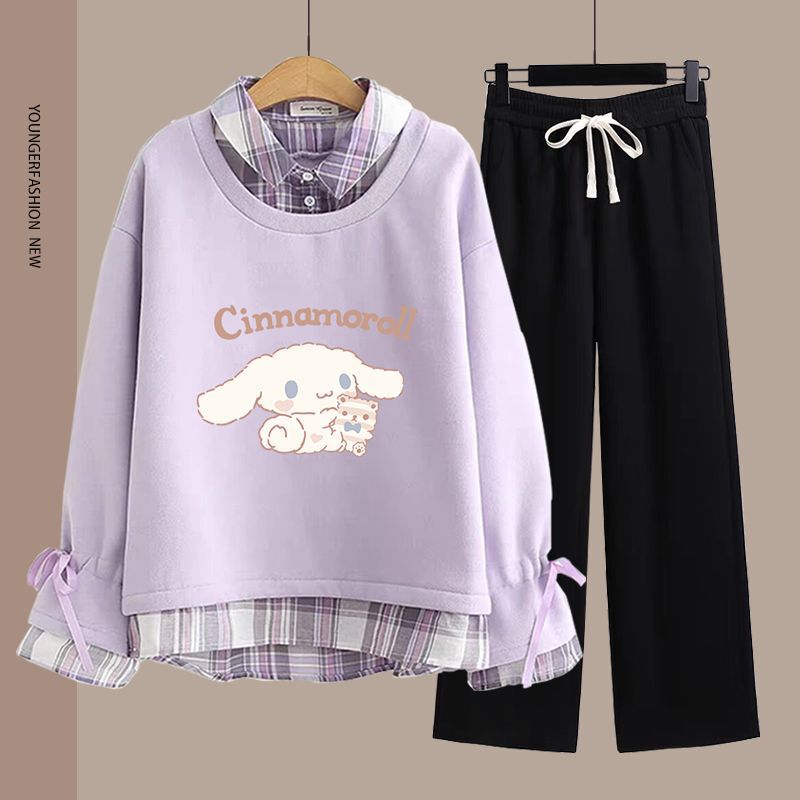 Student Spring and Autumn Girl Suit Long-Sleeved Shirt Collar Fake Two-Piece College Sweatshirt Loose Junior High School Student Style Two-Piece Set