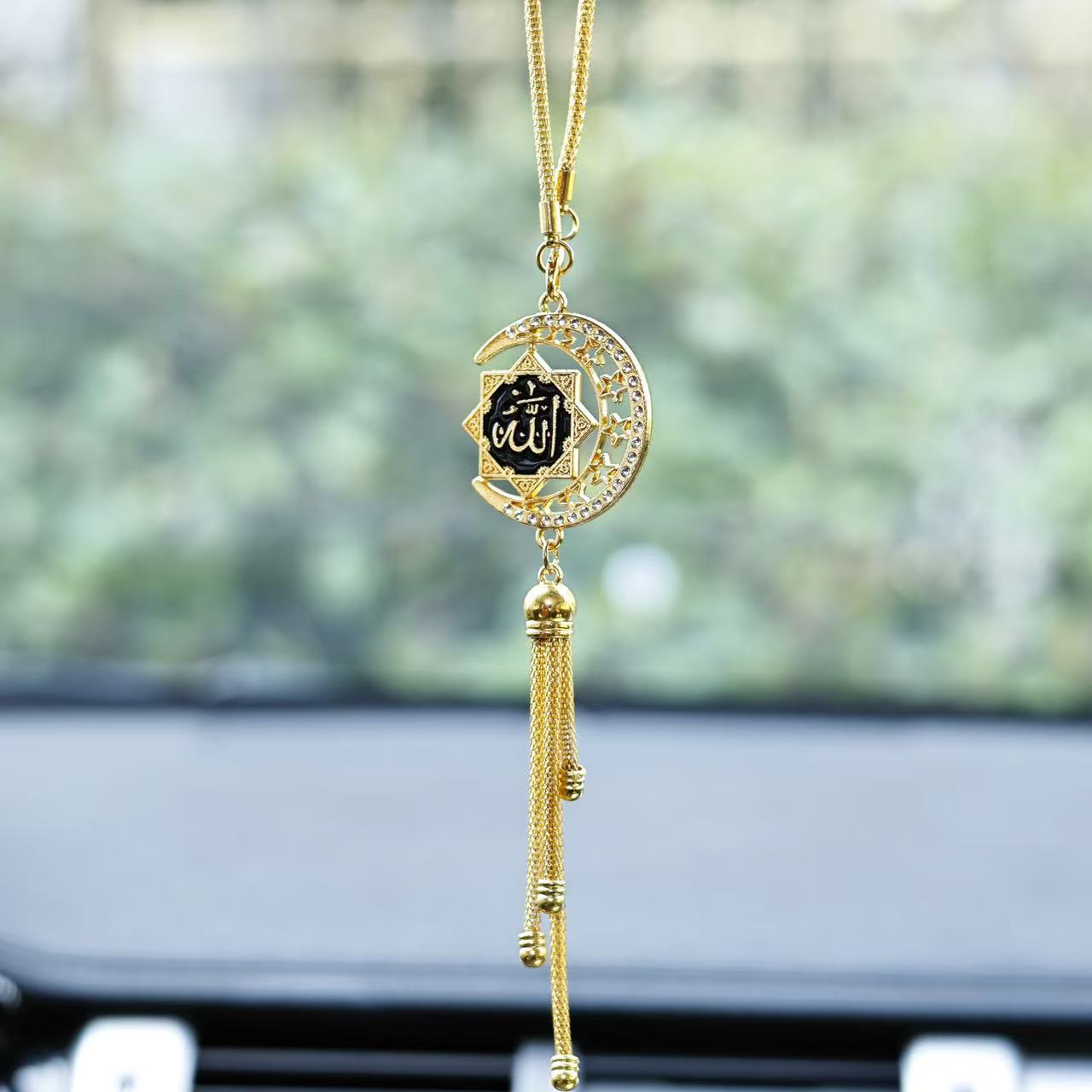 Golden Star and Moon Enamel Car Pendant, 3D Scripture Car Hanging Ornament, Diamond-Encrusted Rearview Mirror Tassel Decoration, Cross-Border Wholesale