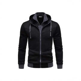 秋冬新款跨境时尚纯色 休闲加绒宽松连帽外套 双拉链秋季长袖上衣