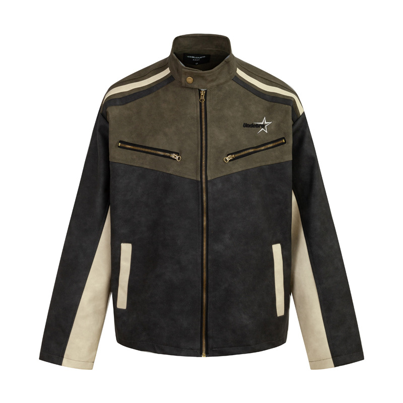 Men's Clothing Autumn New Street Washable Retro Style Loose Jacket Men's Brand Color-matching Casual Leather Jacket_viptrois.com