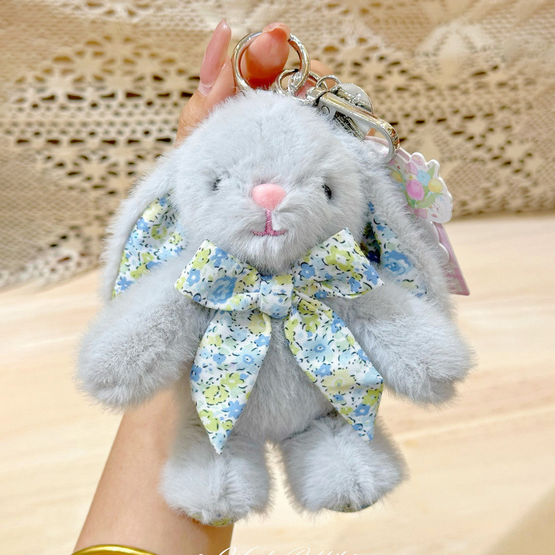 オリジナル本物の 15 センチメートル花蝶ネクタイウサギぬいぐるみキーホルダーペンダント癒しのコンパニオン人形ギフト卸売|undefined