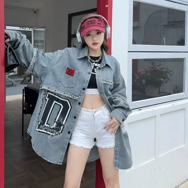 Spring cartoon shirt for leisure, long-sleeve, jacket, Korean style, with embroidery