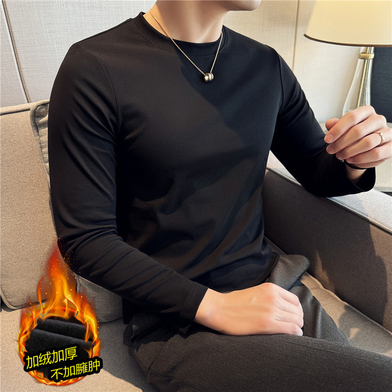 加绒T恤 冬季新款男士新款圆领纯色打底衫秋衣紧身内搭韩版体恤男