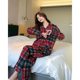 Explosions Red Plaid Pajamas Women's Spring and Autumn Imitation Cotton Long Sleeve plus size Cardigan Lapel Outfit Women's Home Clothes suit