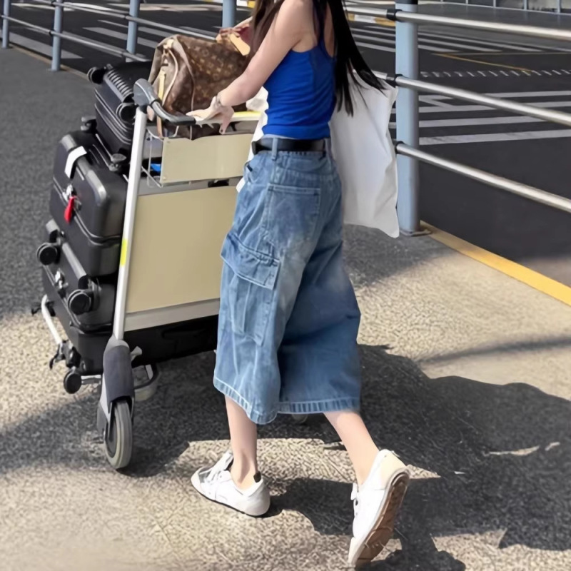 Workwear Style Cropped Denim Pants for Women, Summer and Autumn, Plus Size, Multi-Pocket, Blue, Slimming, Wide-Leg, Mid-Length Pants