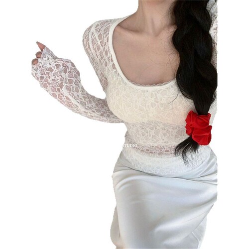 Fashion Design Sensory Minority Lace Hollow Long-Sleeve T-Shirt for Women 2025 Outerwear Sexy Hot Girl Upper Garment