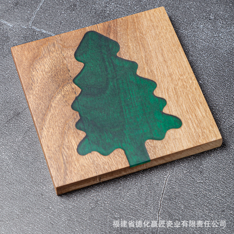 Resina transfronteriza almohadilla de taza de río piedra árbol de Navidad madera sólida empalme epoxi simple transparente almohadilla de taza de té cuadrada