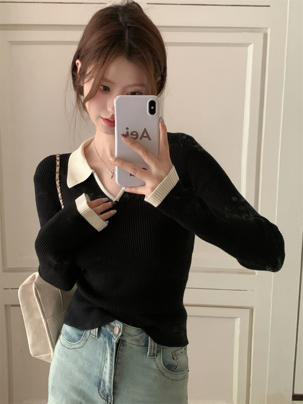 秋冬2025新款法式别致Polo领毛衣高级感内搭针织打底衫女上衣长袖|undefined