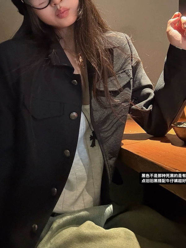 拿捏vintage 韩系翻领早秋黑色夹克休闲短款外套女|undefined