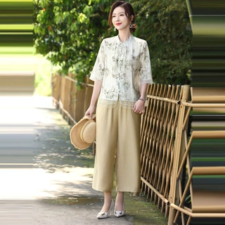 妈妈装夏款休闲套装洋气2024新款中老年夏季短袖新中式衬衫两件套