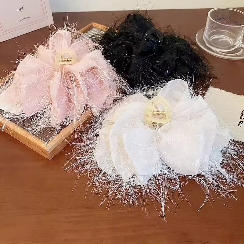 Fabric Mesh Multi-layer Bow Hair Claw Clip Shiny Hair Accessory_voghion.com