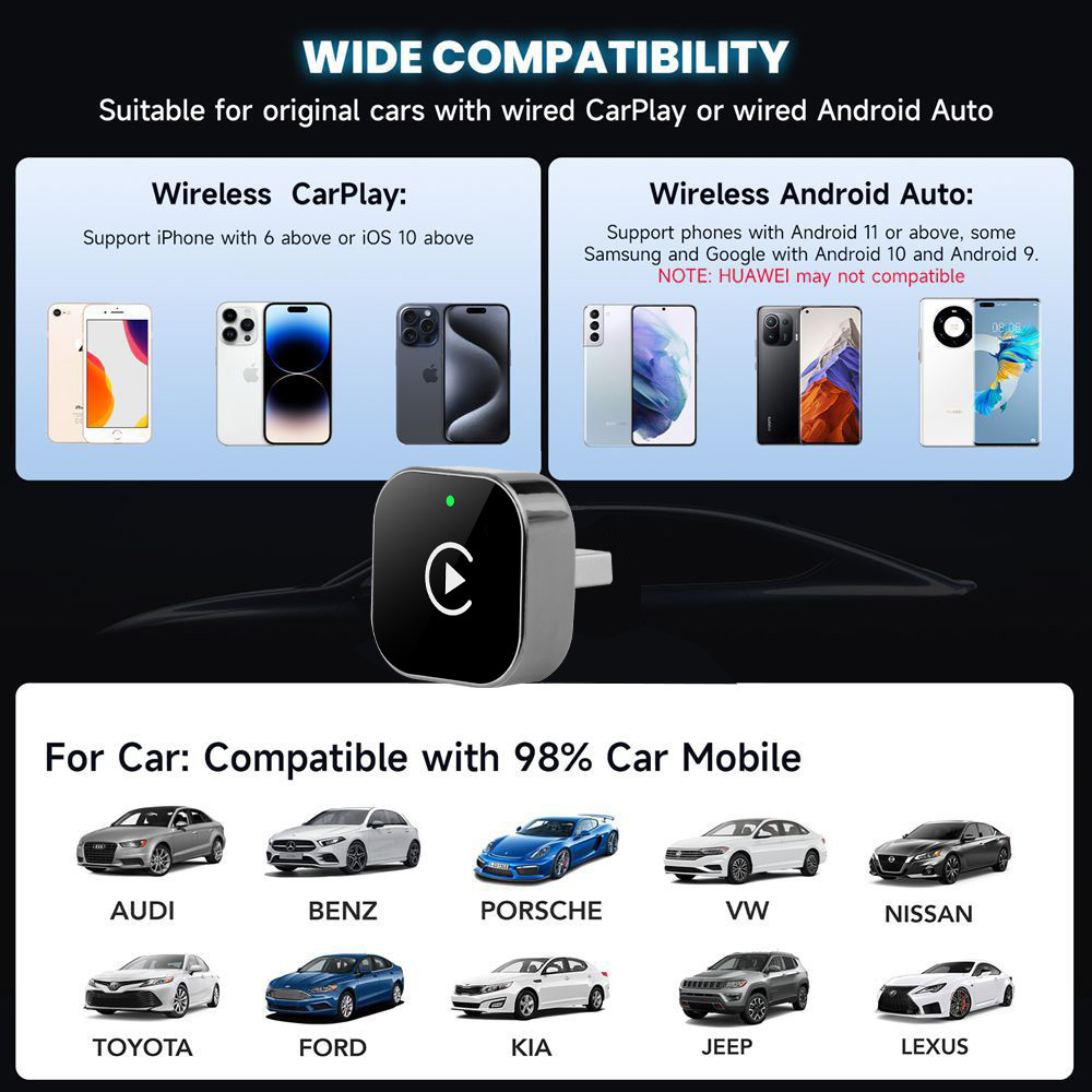 Popular Wireless Carplay Box Android 2-in-1 Adapter Plug-And-Play Ota Upgrade Compatible with 98% of Cars