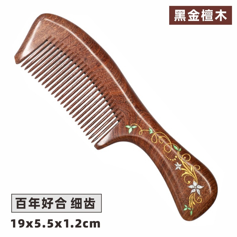 精品黑金檀木梳子彩绘鎏金工艺整料加厚厂家直销批发加印logo刻字|undefined