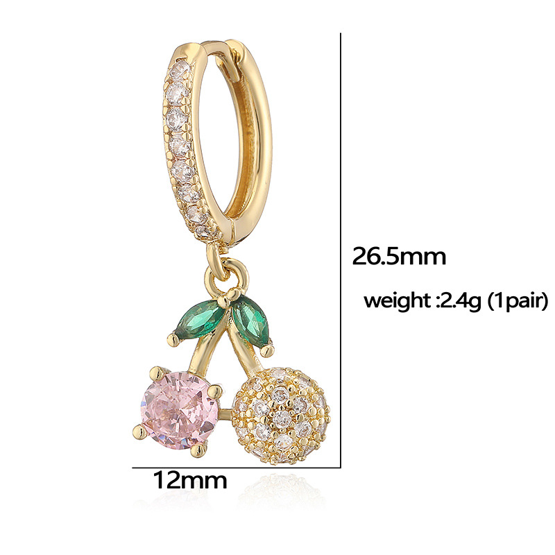 6g Weight Copper Ear Needle Material Zircon Inlay Material Charm Sleeper Hoop Earrings, Earrings Classification 1 Pair Quantity Holiday, Banquet, Daily Occasion Copper Material Cherry, Heart Shape Pattern Women's Gender Inlay Design Sweet Style 1 Pair Sweet Cherry Heart Shape Inlay Copper Zircon Earrings 1