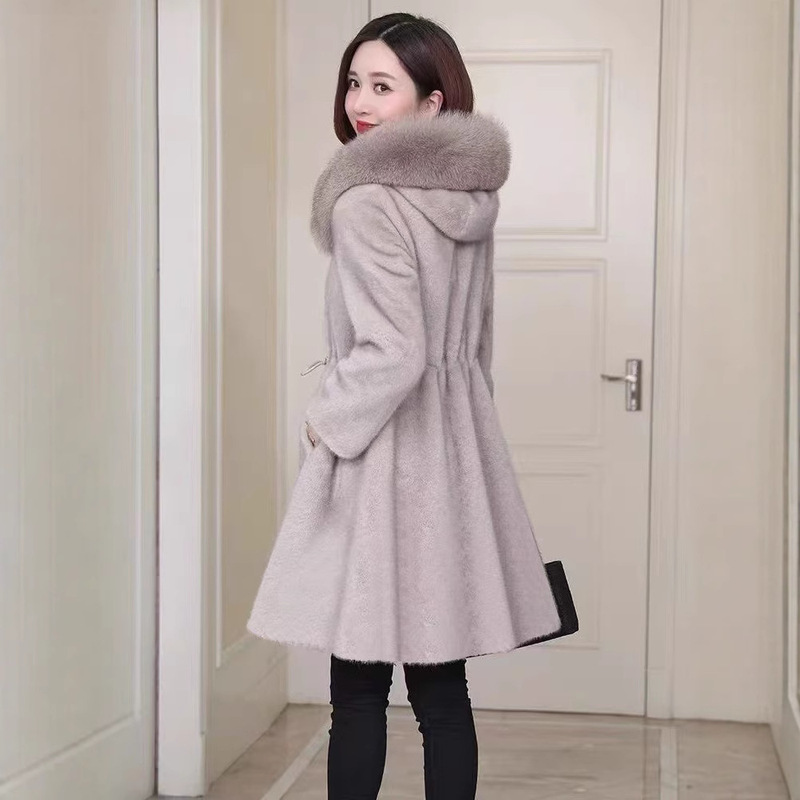 Real Fox Fur Collar Mink Fur Coat for Women, Mid-Length Hooded Fur Integrated Coat for Mothers, Full Leather, Versatile for Socialites