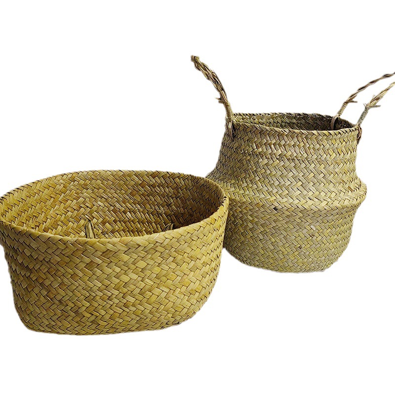 Paja trenzada floreciente plegable sala de estar decoración floral trenzada a mano floreciente planta portátil tela de caña canasta de flores casera