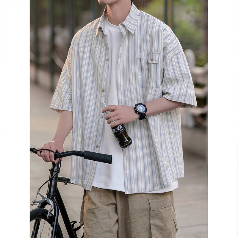 Japanese Striped Shirt Short-sleeved Men's Summer Design Sense Top Coat Trendy Brand Brand Hong Kong Style Teenager Shirt