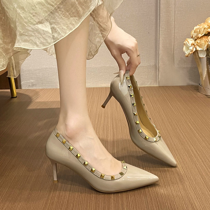 Metal Rivet High Heels for Women 2025 Autum New Pointed Toe Stiletto Patent Leather French Lady Style Shoes