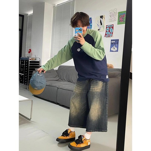 Summer American retro distressed denim shorts for men, clean fit, versatile, loose straight-leg wide-leg seven-quarter pants