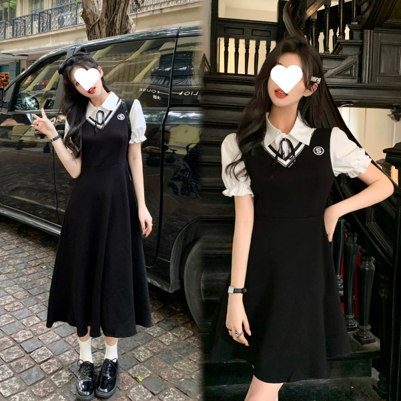 Настоящее фото женского летнего платья в стиле преппи больших размеров, имитирующего двухсекционное платье для похудения для полных девушек, чтобы скрыть жир и сделать черную юбку для похудения
