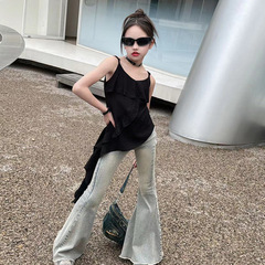 女童彈力喇叭牛仔褲套裝2024新款洋氣中大童時髦設計感夏裝上衣