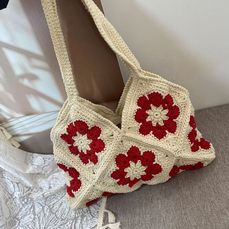 Finished Product: Hand-Knitted Women's Shoulder Bag, Wool Crochet Crossbody Bag, Camellia Granny Square Patchwork Tote Bag