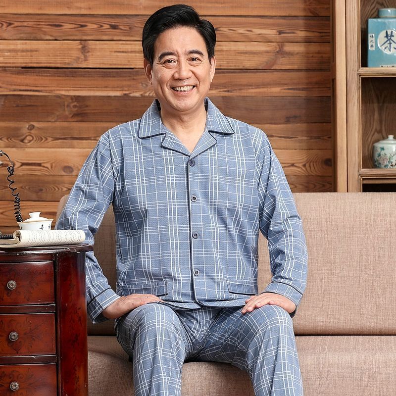Pijamas de mediana edad y ancianos hombres 100% algodón primavera y otoño manga larga otoño e invierno más tamaño viejo papá traje de uso doméstico