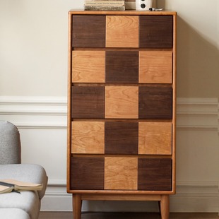 Genji Wood Retro Chest of Chewes Cherry Wood Black Walnut Chessboard Drawer Cabinet Bedroom Solid Wood Storage Cabinet