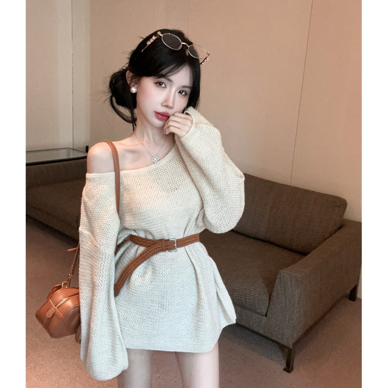 여성 오프숄더 루즈핏 시스루 긴팔 니트 미니 원피스 데이트룩