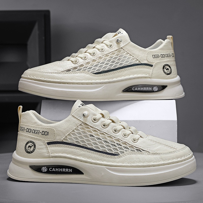 Zapatos de hombre de primavera y verano, zapatos de tablero de tela de malla transpirable, zapatos blancos para jóvenes estudiantes, zapatos deportivos de ocio para hombres, nuevo estilo 2025