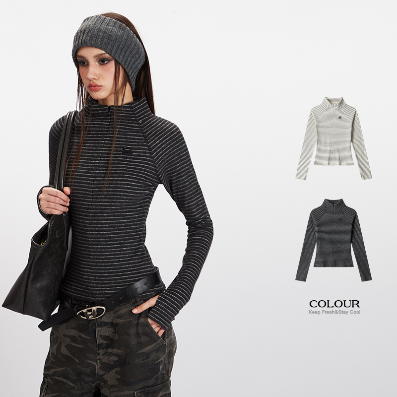 Heyhenry Autumn and Winter Stand-Up Collar Striped Sports Long-Sleeved T-Shirt for Women, Slim Fit and Slimming, Inner Layering Tight-Fitting Top Heyhenry Autumn and Winter Stand-Up Collar Striped Sports Long-Sleeved T-Shirt for Women, Slim Fit and Slimming, Inner Layering Tight-Fitting Top