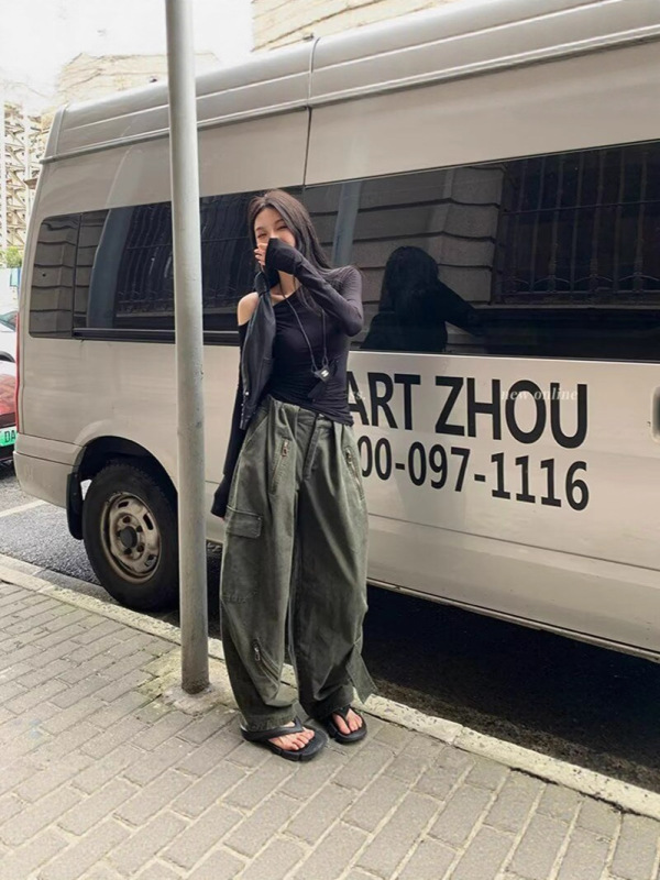美式复古多口袋水洗宽松工装裤男女潮牌街头做旧抽绳百搭阔腿裤子|undefined