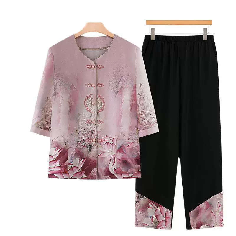 Новая летняя рубашка мамы в китайском стиле для женщин среднего и пожилого возраста, костюм Тан с рукавами три четверти, элегантный комплект бабушки из ледяного шелка.